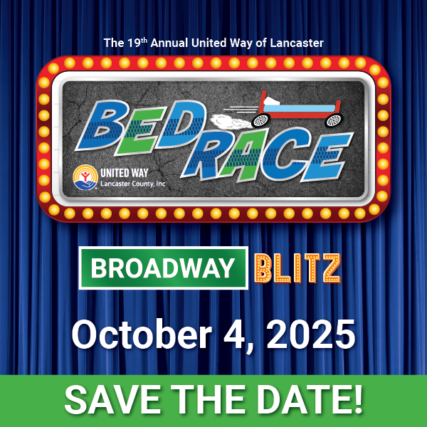 Save the date graphic with blue curtain background with marquee title that says United Way of Lancaster Bed Race. Theme below marquee, Broadway Blitz. Date is October 4, 2025.